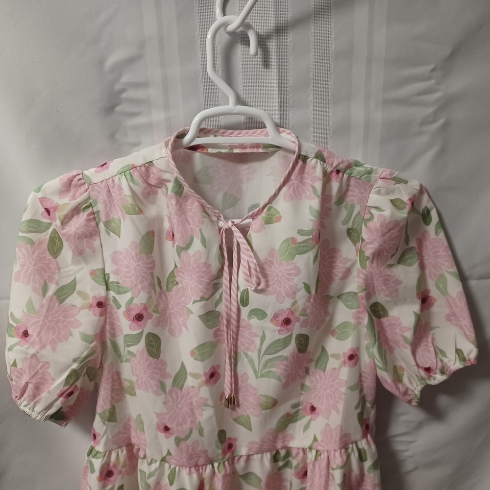 Unbranded Peplum Blouse Womens Medium‎ Pink Floral Puff Sleeve Mock Neck Tie Top